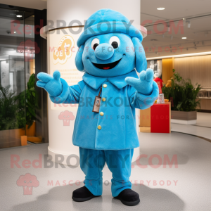 Sky Blue Pho mascot costume character dressed with a Sweater and Berets