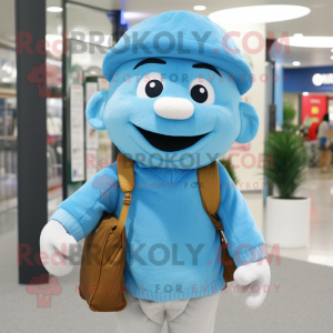 Sky Blue Pho mascot costume character dressed with a Sweater and Berets