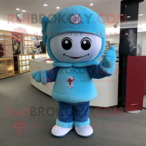 Sky Blue Pho mascot costume character dressed with a Sweater and Berets