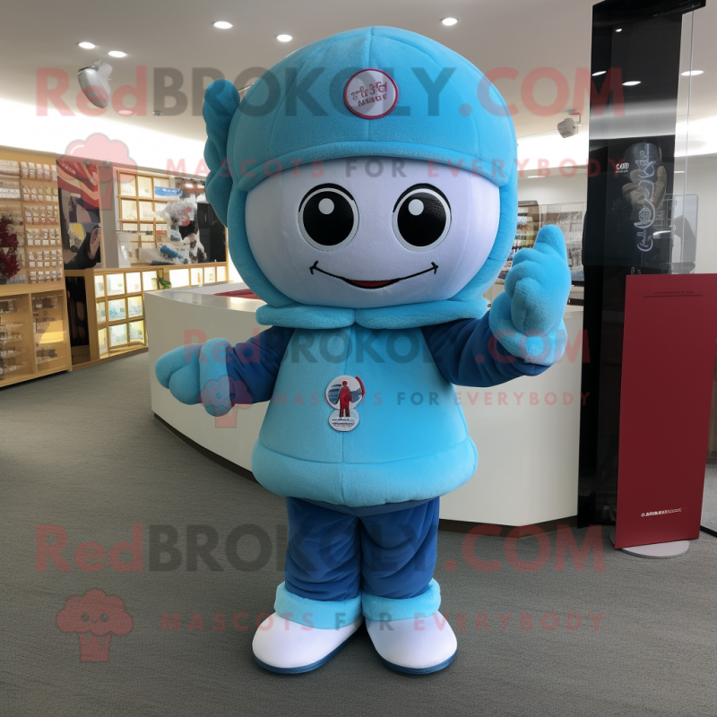 Sky Blue Pho mascot costume character dressed with a Sweater and Berets Sky Blue Pho mascot costume character dressed with a Sweater and Berets