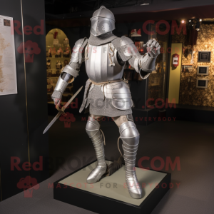 Silver Medieval Knight mascot costume character dressed with a Jeggings and Foot pads