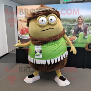 Olive Pulled Pork Sandwich mascot costume character dressed with a Maxi Skirt and Shoe laces