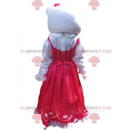 Hello Kitty Maskottchen mit einem pinkfarbenen Satinkleid -