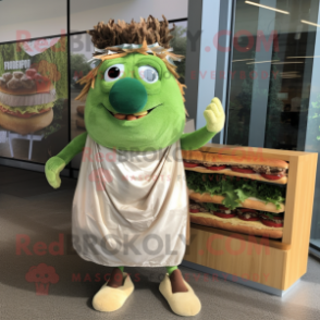 Olive Pulled Pork Sandwich mascot costume character dressed with a Maxi Skirt and Shoe laces