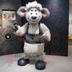 Gray Sheep mascot costume character dressed with a Jeggings and Rings