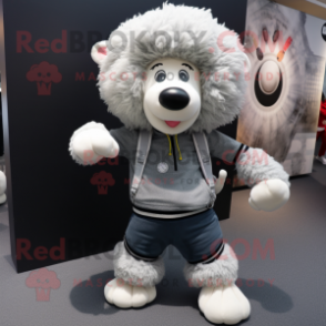 Gray Sheep mascot costume character dressed with a Jeggings and Rings