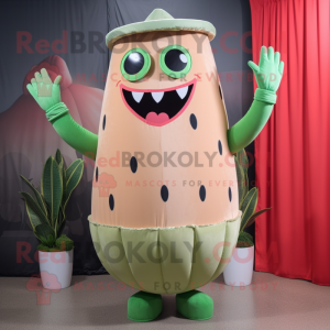 Tan Watermelon mascot costume character dressed with a Sheath Dress and Rings