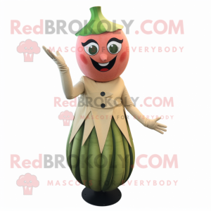 Tan Watermelon mascot costume character dressed with a Sheath Dress and Rings