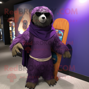 Purple Sloth Bear mascot costume character dressed with a Board Shorts and Shawl pins