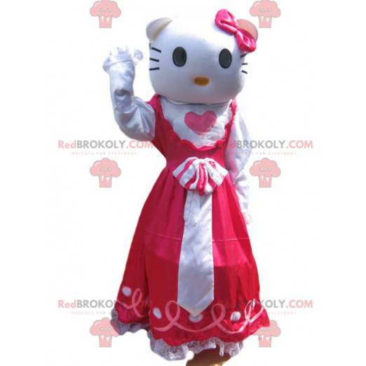 Hello Kitty Maskottchen mit einem pinkfarbenen Satinkleid -