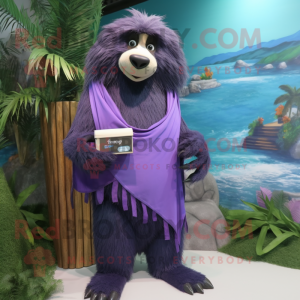 Purple Sloth Bear mascot costume character dressed with a Board Shorts and Shawl pins