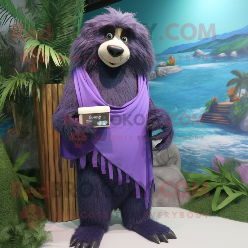 Purple Sloth Bear mascot costume character dressed with a Board Shorts and Shawl pins Purple Sloth Bear mascot costume character dressed with a Board Shorts and Shawl pins