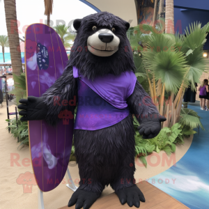 Purple Sloth Bear mascot costume character dressed with a Board Shorts and Shawl pins