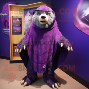 Purple Sloth Bear mascot costume character dressed with a Board Shorts and Shawl pins