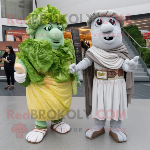 Gray Caesar Salad mascot costume character dressed with a Wrap Dress and Anklets