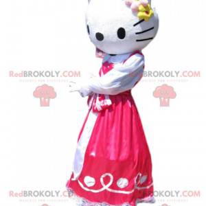 Hello Kitty Maskottchen mit einem pinkfarbenen Satinkleid -