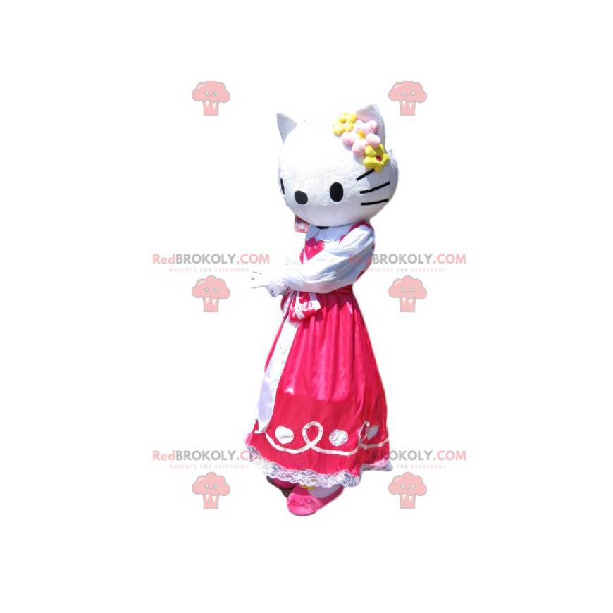 Hello Kitty Maskottchen mit einem pinkfarbenen Satinkleid -