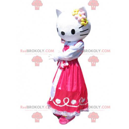 Mascotte Hello Kitty met een fuchsia satijnen jurk -