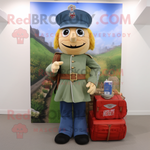 Olive British Royal Guard mascot costume character dressed with a Denim Shirt and Tote bags