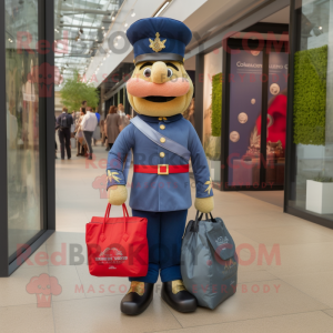 Olive British Royal Guard mascot costume character dressed with a Denim Shirt and Tote bags