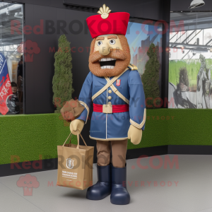 Olive British Royal Guard mascot costume character dressed with a Denim Shirt and Tote bags