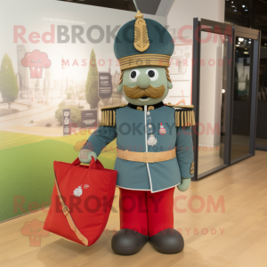 Olive British Royal Guard mascot costume character dressed with a Denim Shirt and Tote bags