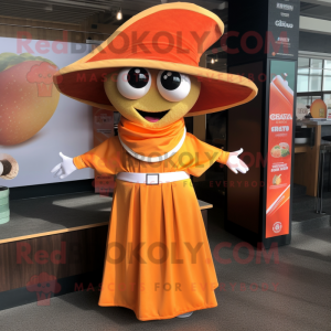 Orange Fajitas mascot costume character dressed with a Empire Waist Dress and Pocket squares