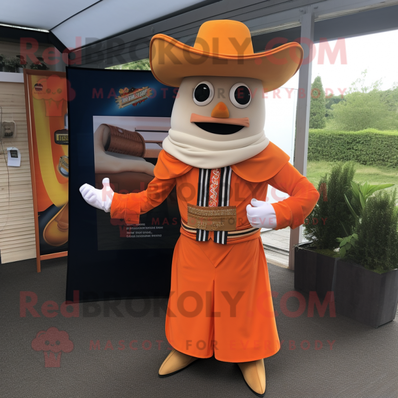 Orange Fajitas mascot costume character dressed with a Empire Waist Dress and Pocket squares