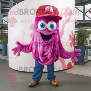 Magenta Fried Calamari mascot costume character dressed with a Flare Jeans and Caps