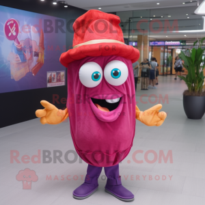 Magenta Fried Calamari mascot costume character dressed with a Flare Jeans and Caps