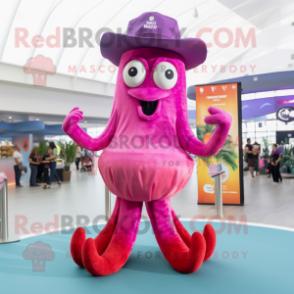 Magenta Fried Calamari mascot costume character dressed with a Flare Jeans and Caps