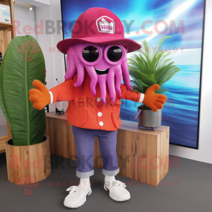 Magenta Fried Calamari mascot costume character dressed with a Flare Jeans and Caps