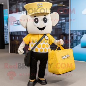 Yellow Ice Cream mascot costume character dressed with a Button-Up Shirt and Tote bags