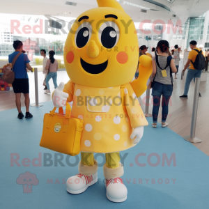 Yellow Ice Cream mascot costume character dressed with a Button-Up Shirt and Tote bags