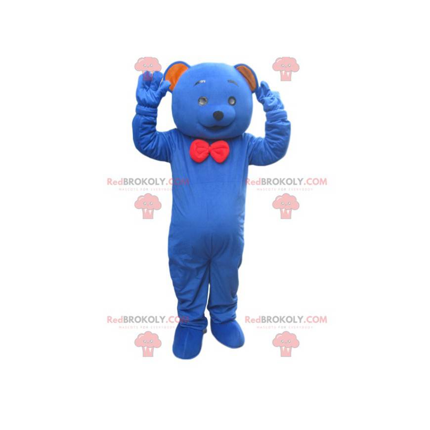 Mascotte blauwe beer met een rode vlinderdas - Redbrokoly.com