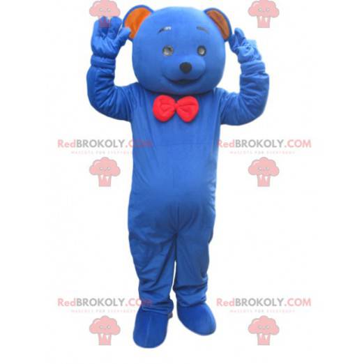 Mascote urso azul com gravata borboleta vermelha -