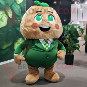 Forest Green Potato mascot costume character dressed with a Romper and Tie pins