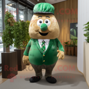 Forest Green Potato mascot costume character dressed with a Romper and Tie pins