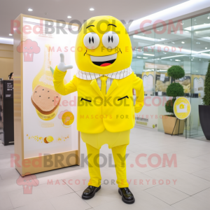 Lemon Yellow Ice Cream mascot costume character dressed with a Suit and Belts