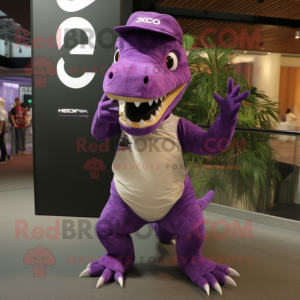 Purple Tyrannosaurus mascot costume character dressed with a Jeggings and Headbands