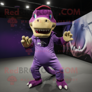 Purple Tyrannosaurus mascot costume character dressed with a Jeggings and Headbands