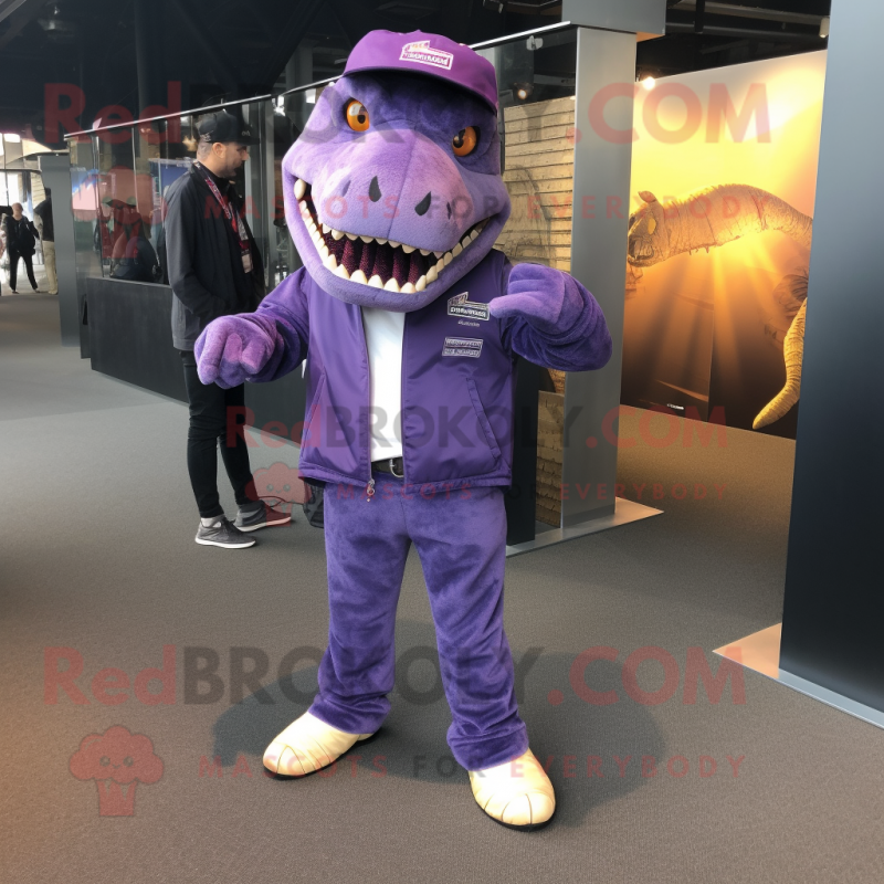 Purple Tyrannosaurus mascot costume character dressed with a Jeggings and Headbands