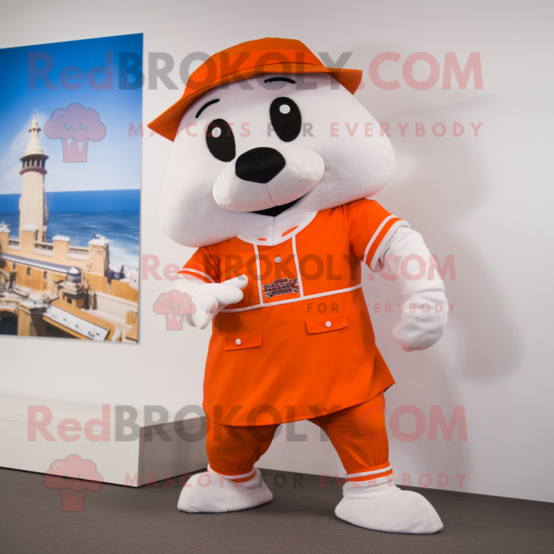 Orange Ermine mascot costume character dressed with a Bermuda Shorts and Cummerbunds Orange Ermine mascot costume character dressed with a Bermuda Shorts and Cummerbunds