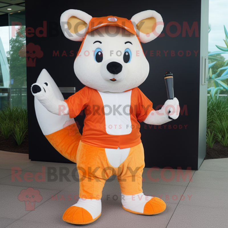 Orange Ermine mascot costume character dressed with a Bermuda Shorts and Cummerbunds Orange Ermine mascot costume character dressed with a Bermuda Shorts and Cummerbunds