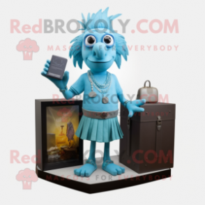Cyan Chief mascot costume character dressed with a Cocktail Dress and Briefcases