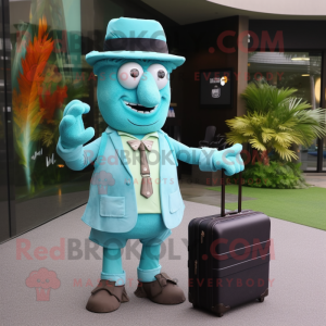 Cyan Chief mascot costume character dressed with a Cocktail Dress and Briefcases