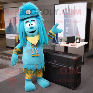 Cyan Chief mascot costume character dressed with a Cocktail Dress and Briefcases