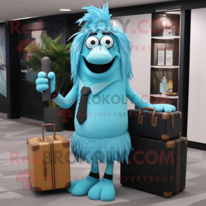 Cyan Chief mascot costume character dressed with a Cocktail Dress and Briefcases