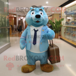 Sky Blue Beaver mascot costume character dressed with a Empire Waist Dress and Briefcases