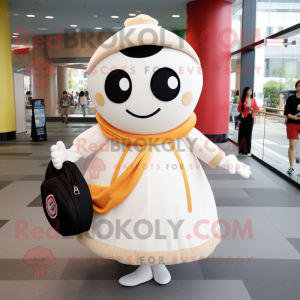 Cream Pho mascot costume character dressed with a Circle Skirt and Handbags